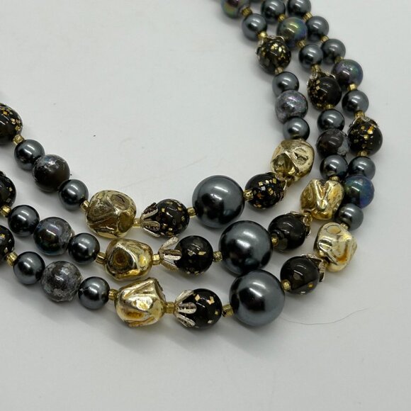 Vintage Three-Strand Gray Gold Iridescent Bead Faux & Pearls Prom Formal - Picture 4 of 16
